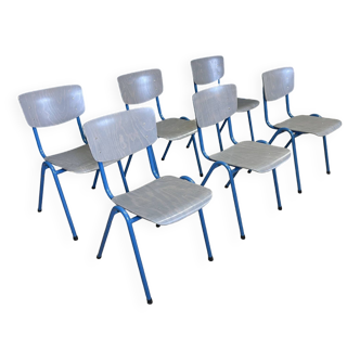 Set of 6 gray wood school chairs blue feet Netherlands 70s/80s