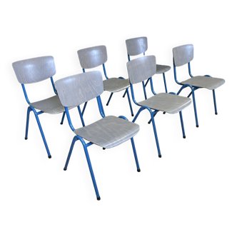 Ensemble de 6 chaises d'école bois gris pieds bleus Pays-Bas années 70/80