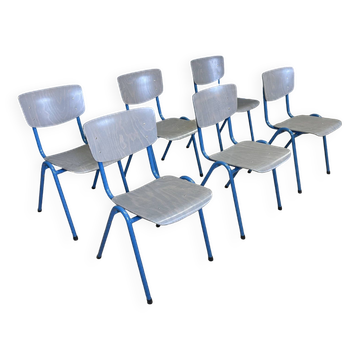 Ensemble de 6 chaises d'école bois gris pieds bleus Pays-Bas années 70/80