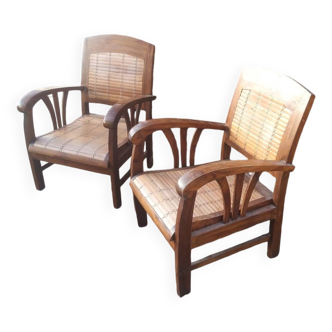 2 Colonial style teak bamboo armchairs