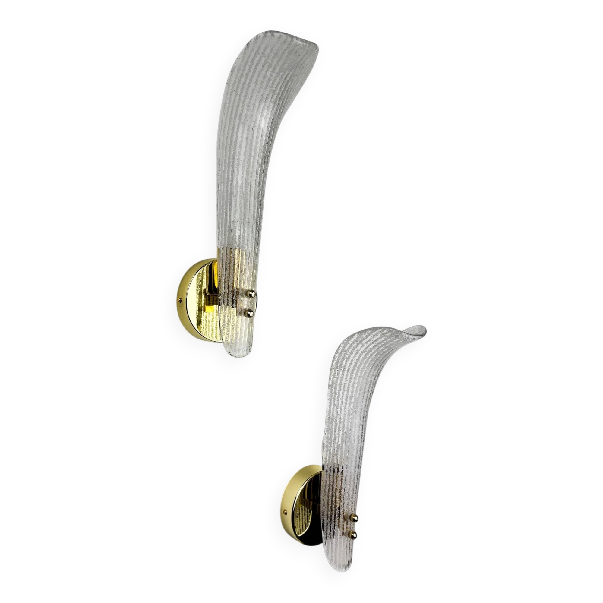 Pair of Murano frosted glass leaf sconces, gilt brass, Italy, 1970s