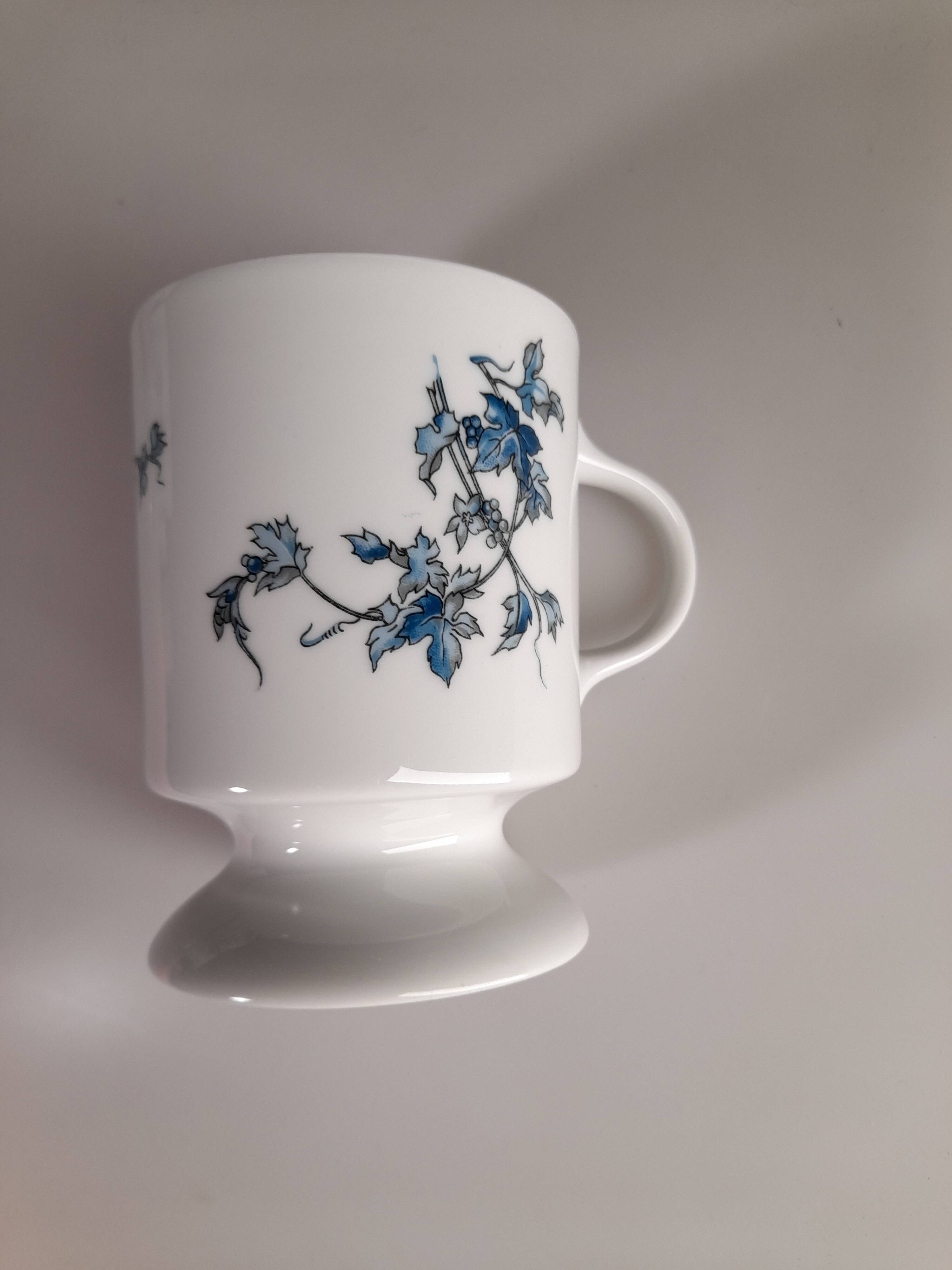Set of 4 blue flower mugs / cups in Limoges porcelain Castel