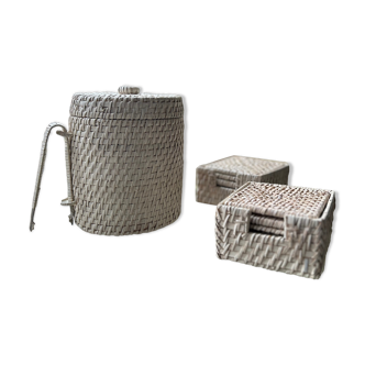 Rattan ice bucket with pliers and coasters