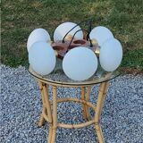 Scandinavian teak and white opaline chandelier with 6 lights from the 70s