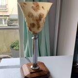 Ancienne lampe art déco en bois, verre et chrome
