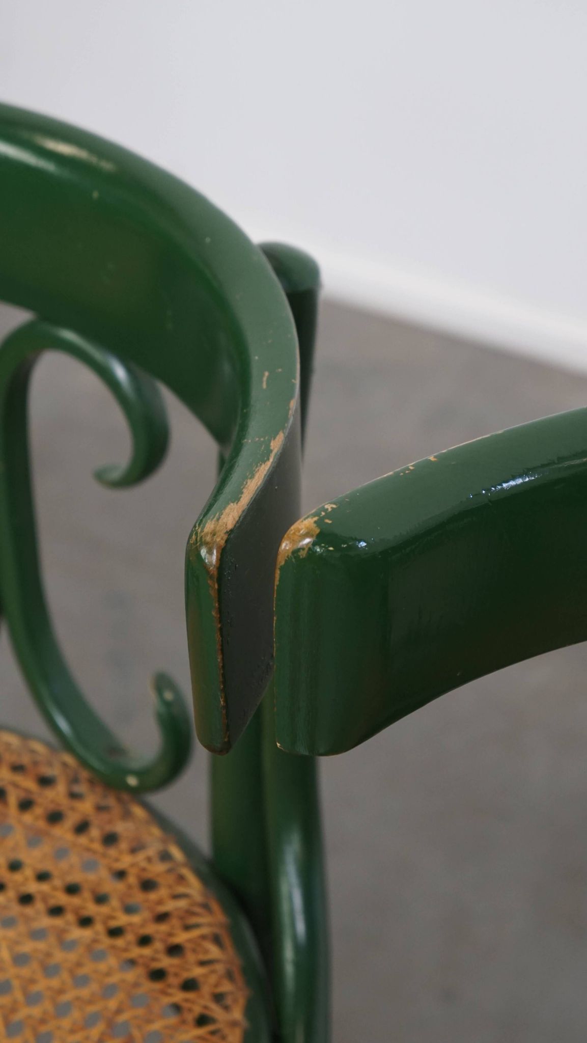 Set of 4 Green Vintage Bistro Chairs with Woven Rattan Seats
