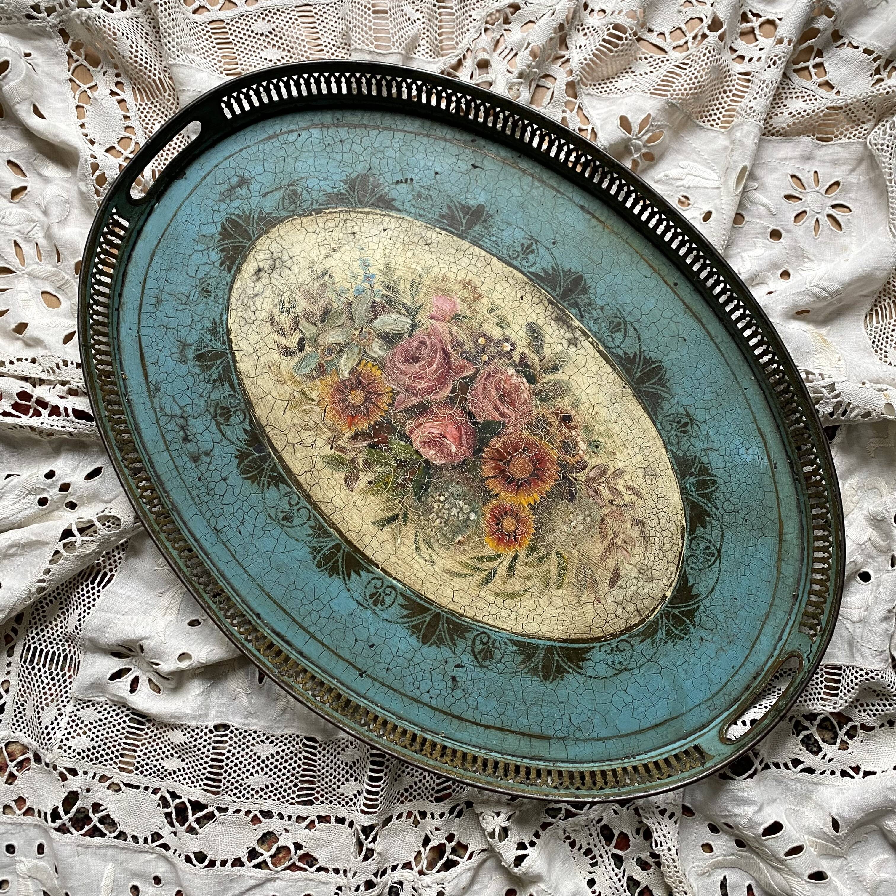 Large oval metal tray in the Napoleon III style, 1960s