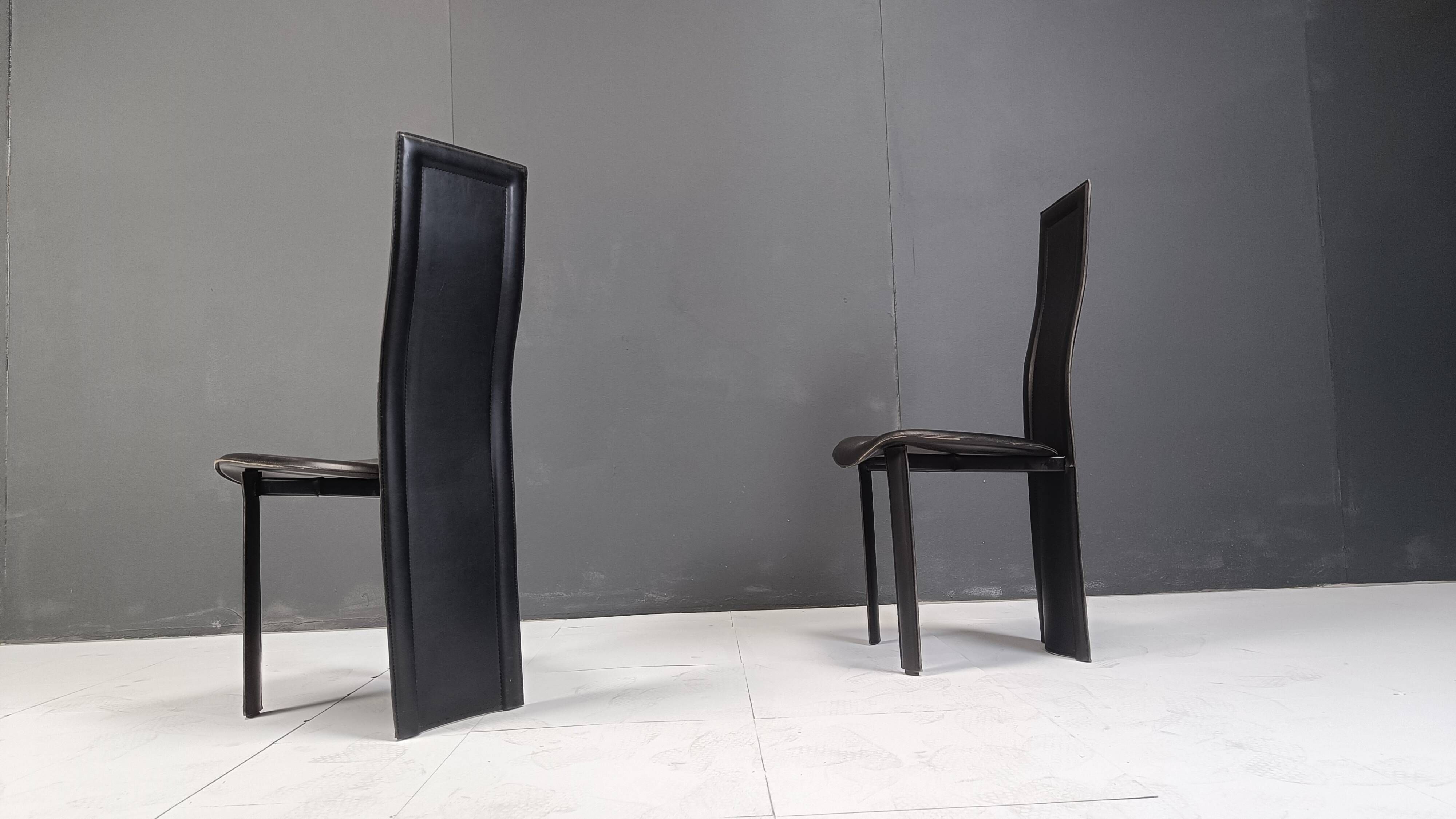 Vintage black leather high back dining chairs, set of 6, 1980s