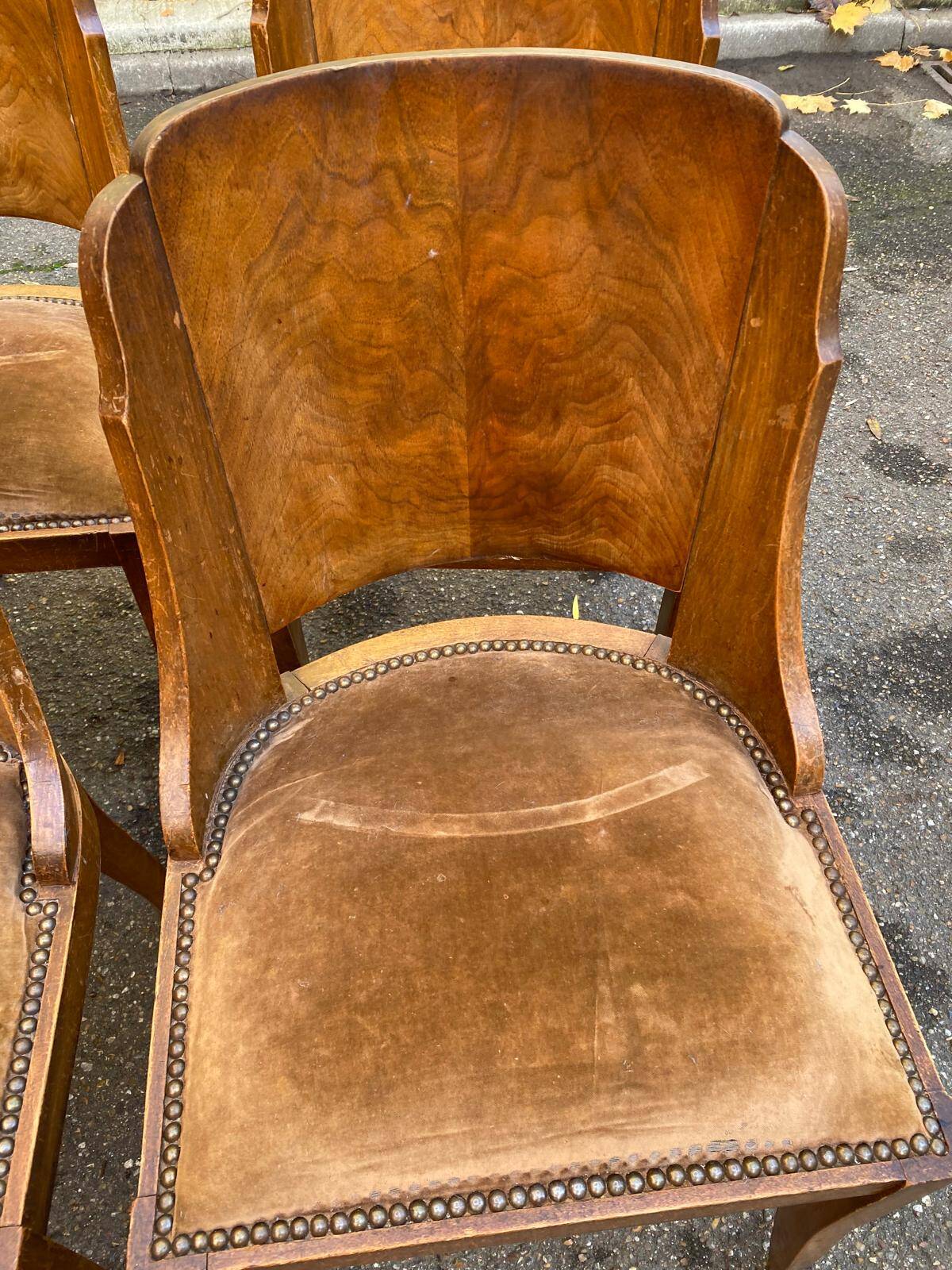 6 Art Deco gondola chairs in solid wood and brown suede