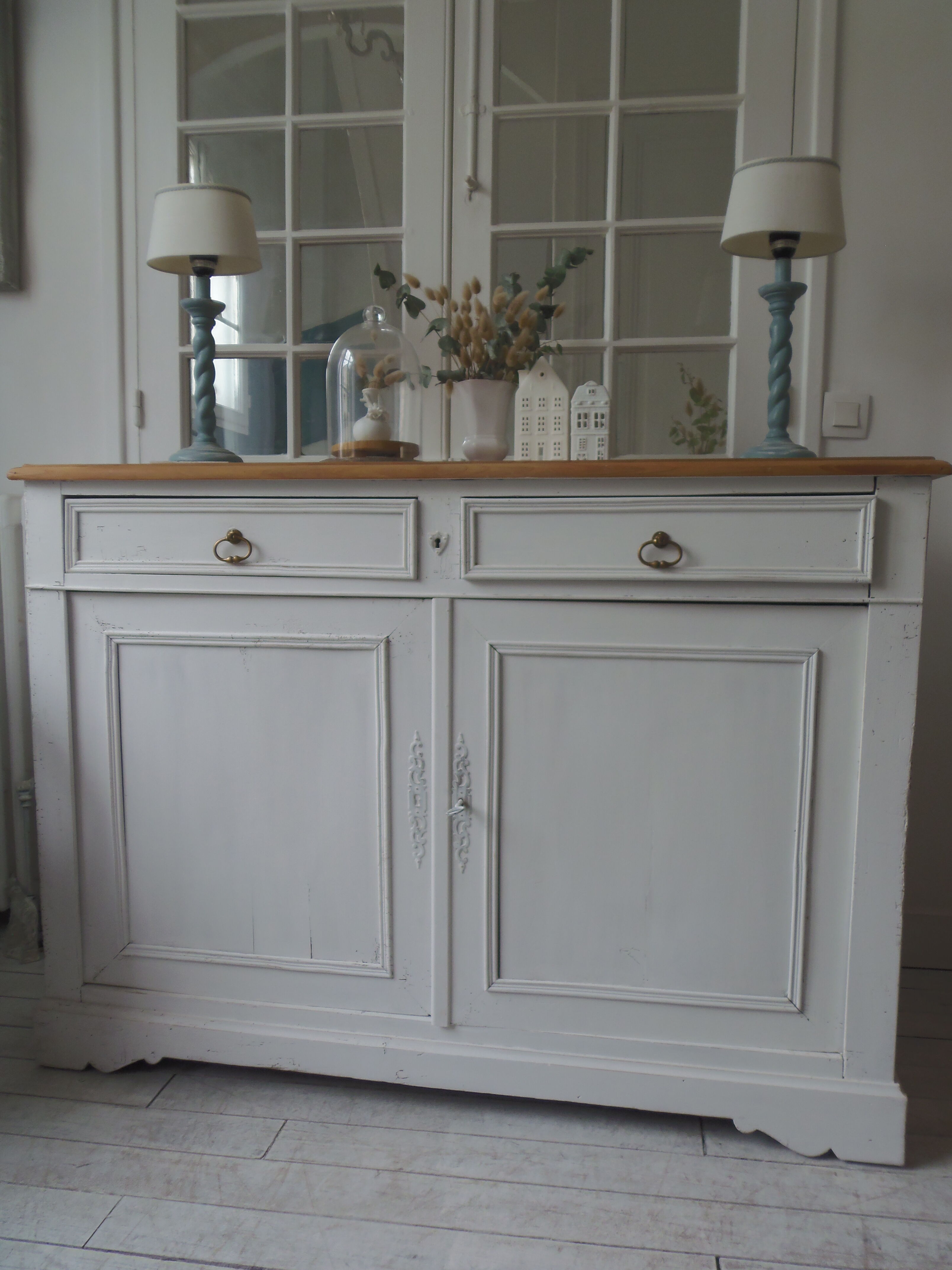 Antique sideboard patinated pearl gray waxed finish, wood top protected by varnish