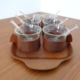 Swedish teak tray with tea cups by Jie Gantofta, 1960s, set of 7.