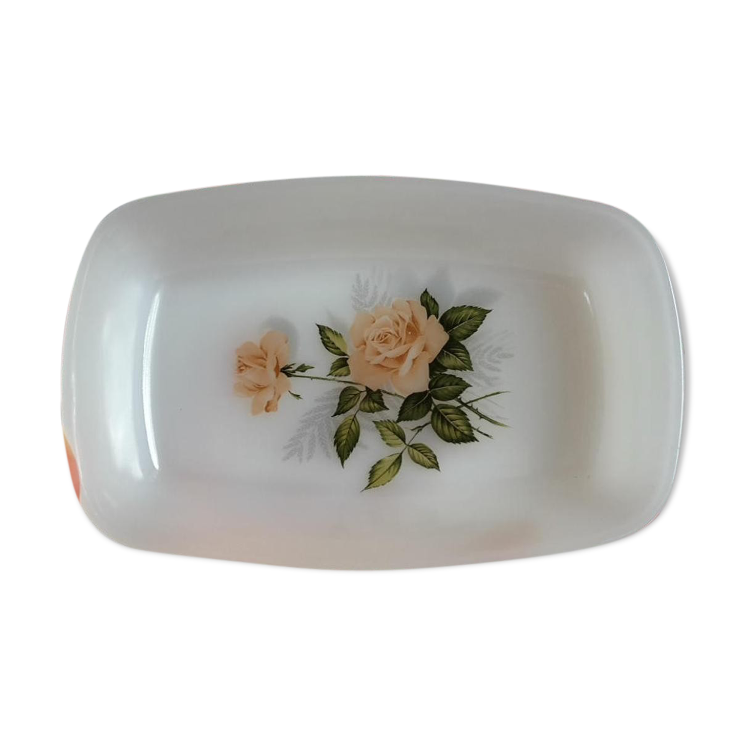Arcopal antique pickle dish with pink motif in white glass