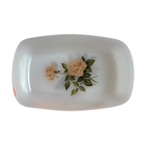 Ravier ancien Arcopal motif rose verre blanc