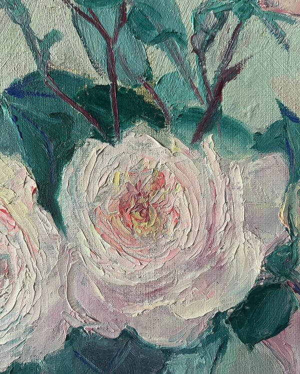 Tableau ancien HST ''Bouquet de roses en vase'' signé 1959