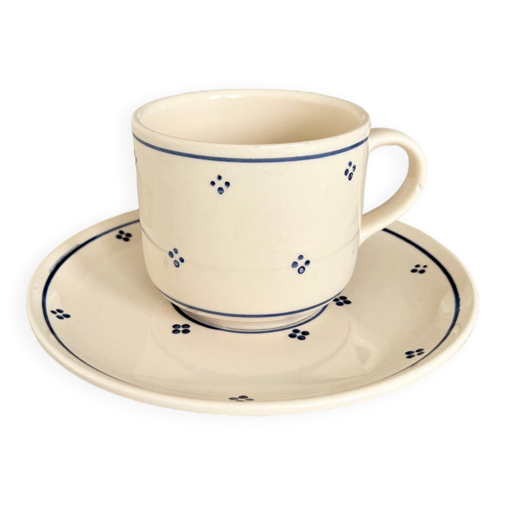 Grande tasse et sous tasse ancienne peinte à la main - Style romantique porcelaine beige et bleu