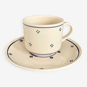 Grande tasse et sous tasse ancienne peinte à la main - Style romantique porcelaine beige et bleu