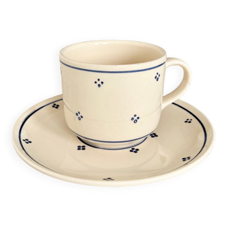 Large hand-painted antique cup and under cup - Romantic style beige and blue porcelain