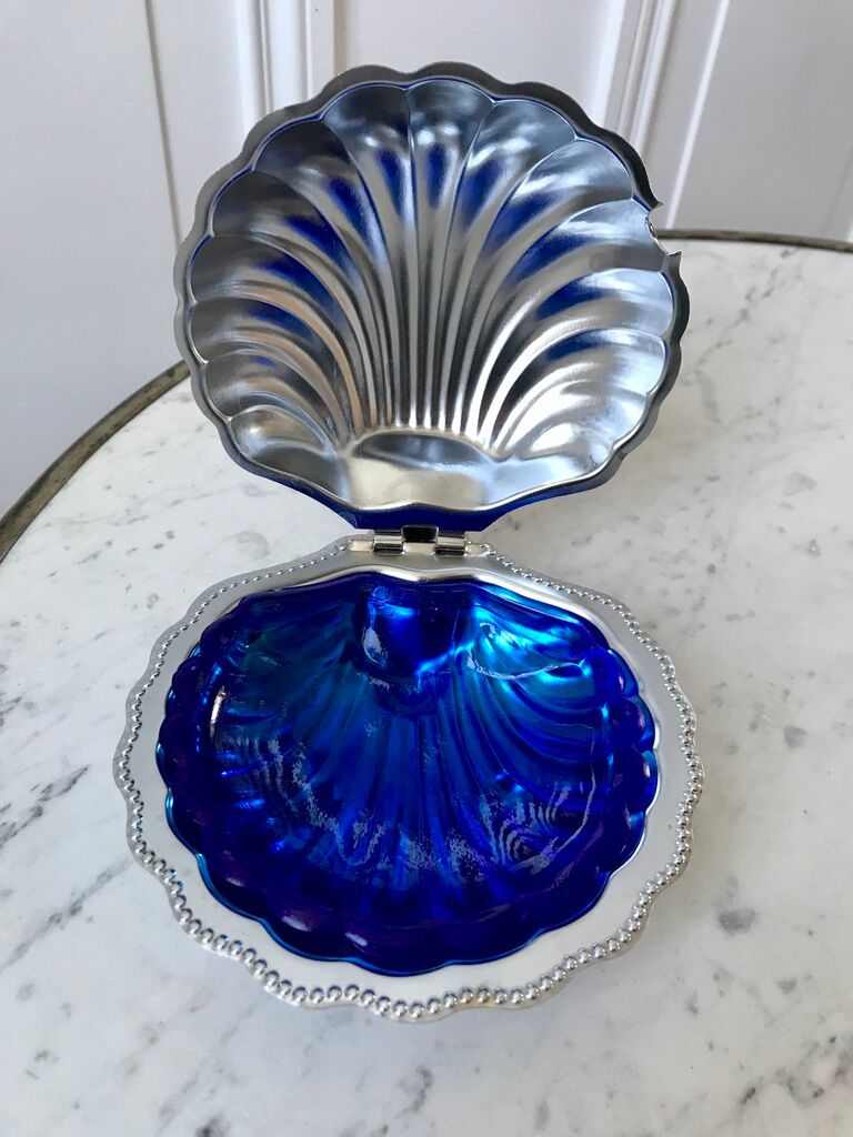 Empty butter tray pocket shell metal and blue glass 60s-70s
