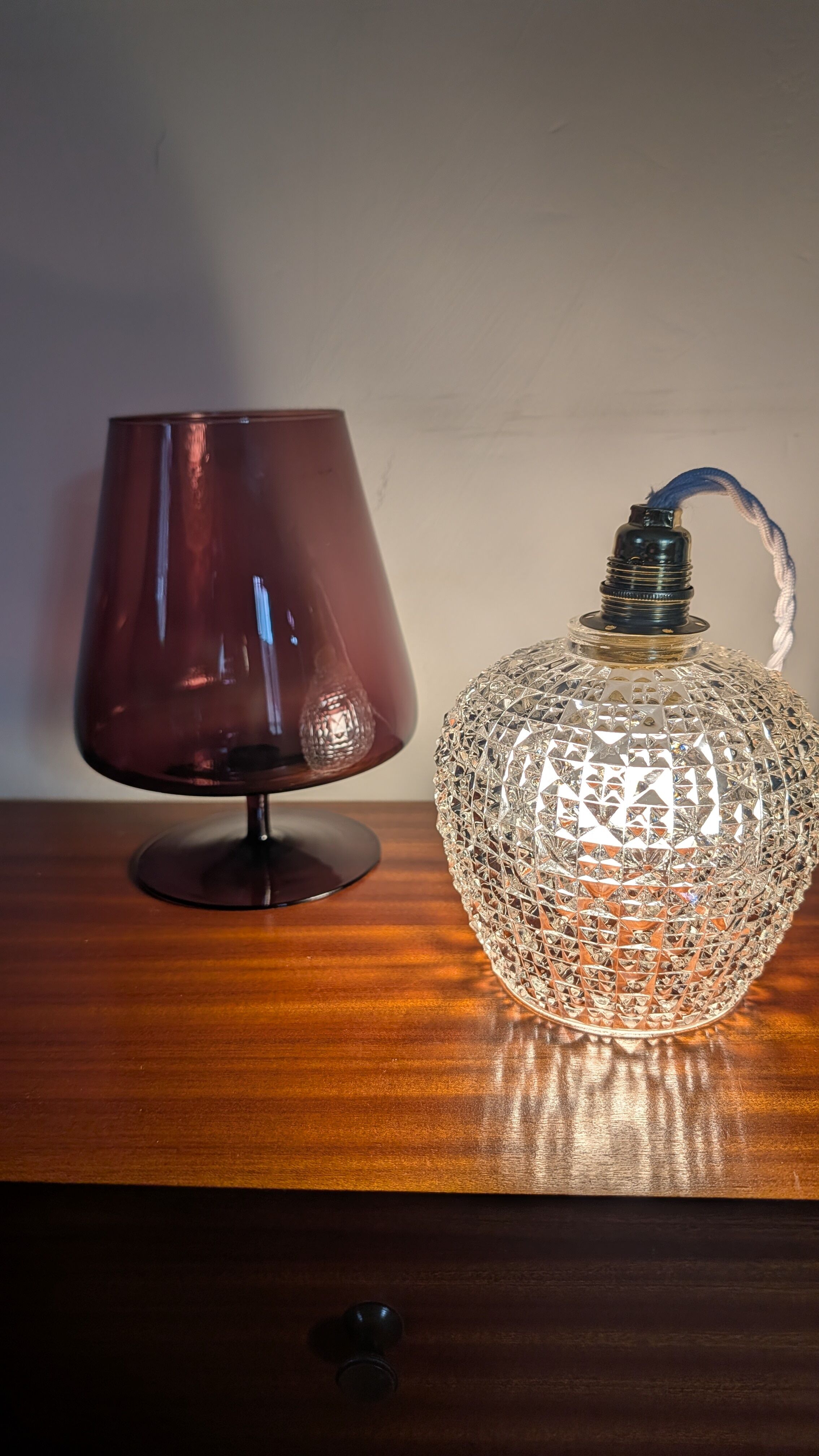 Pyramid relief pressed glass tulip light fixture — 1960s/70s