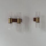Paire d'applique vintage, laiton et verre moulé, Suède 1960