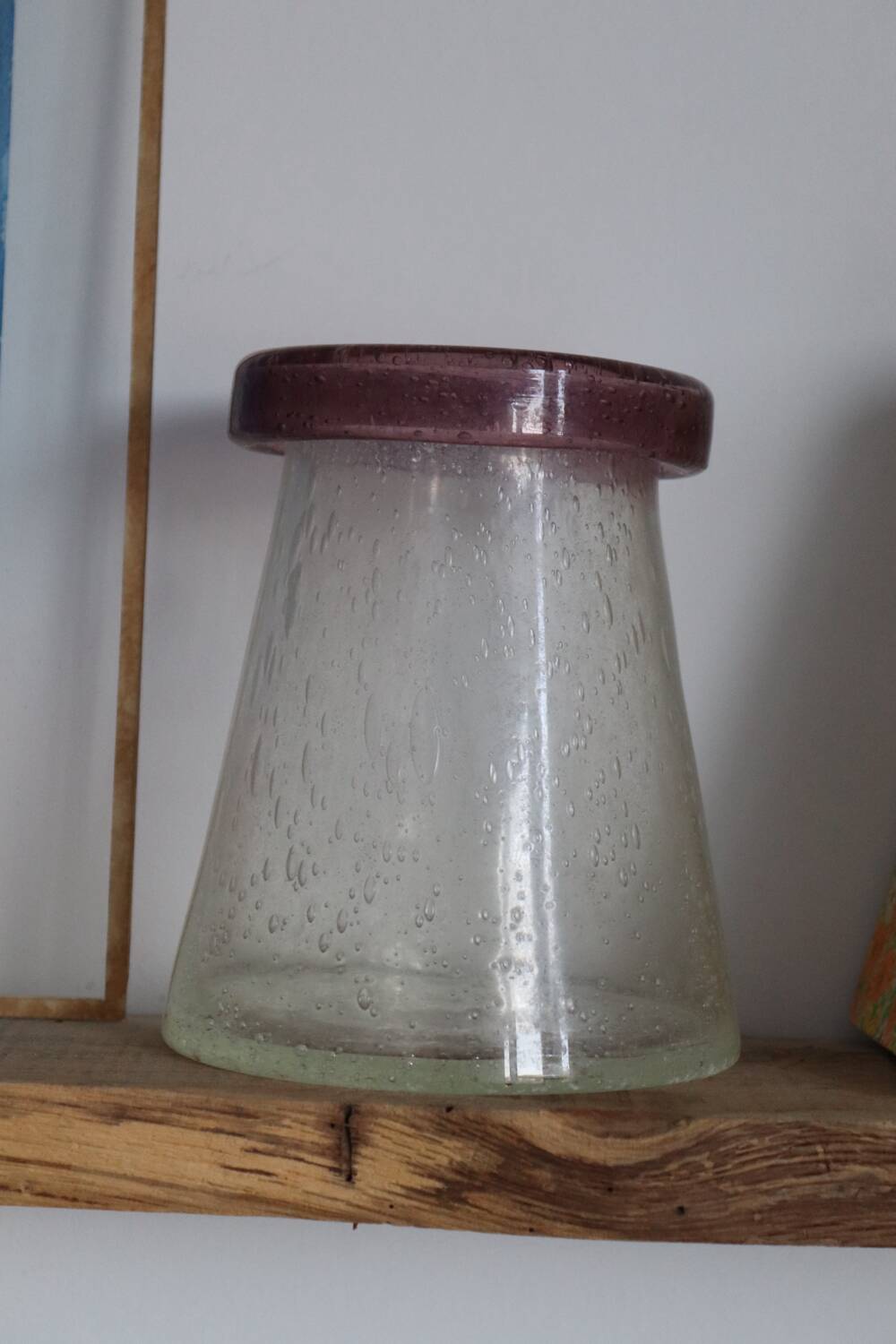 Vintage mauve neck blown glass bubble conical vase