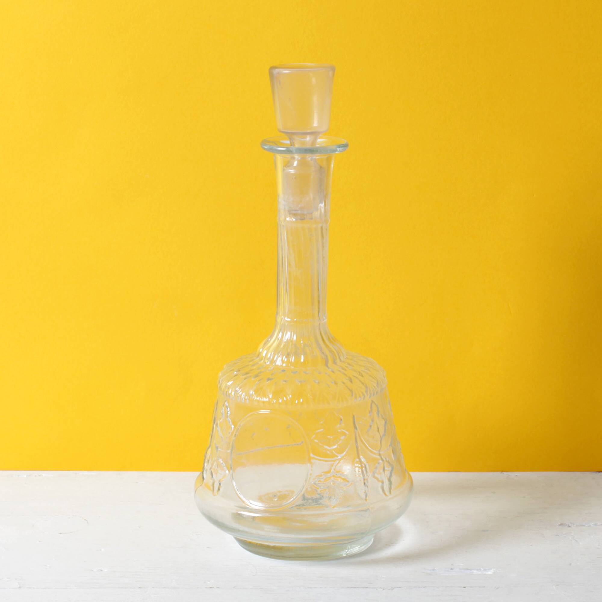Clear Pressed Glass Floral Patterned Wine Bottle with Stopper / Italy /1930
