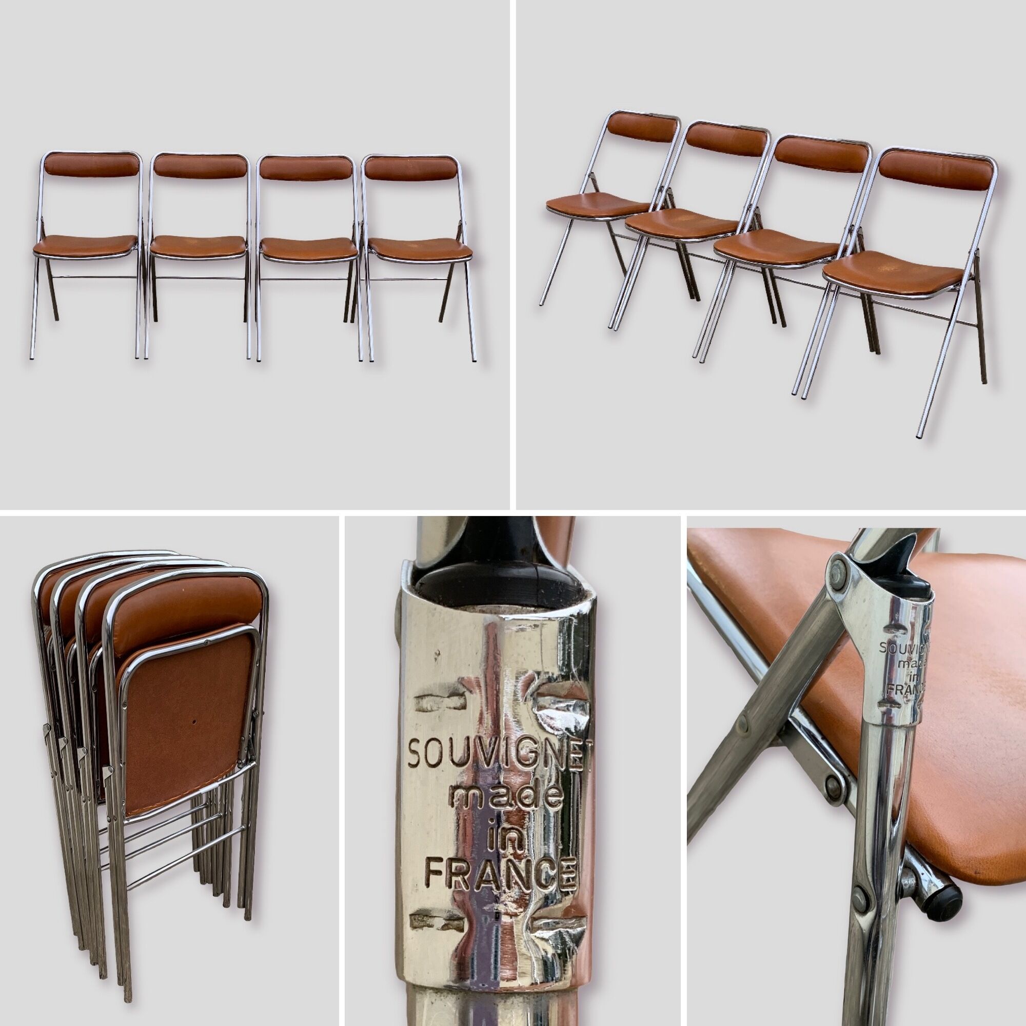 4 folding chairs chromed metal and Skaï fawn 1970