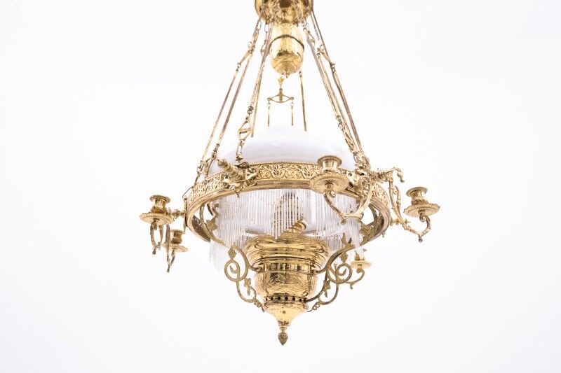 Brass chandelier from the first half of the 20th century.