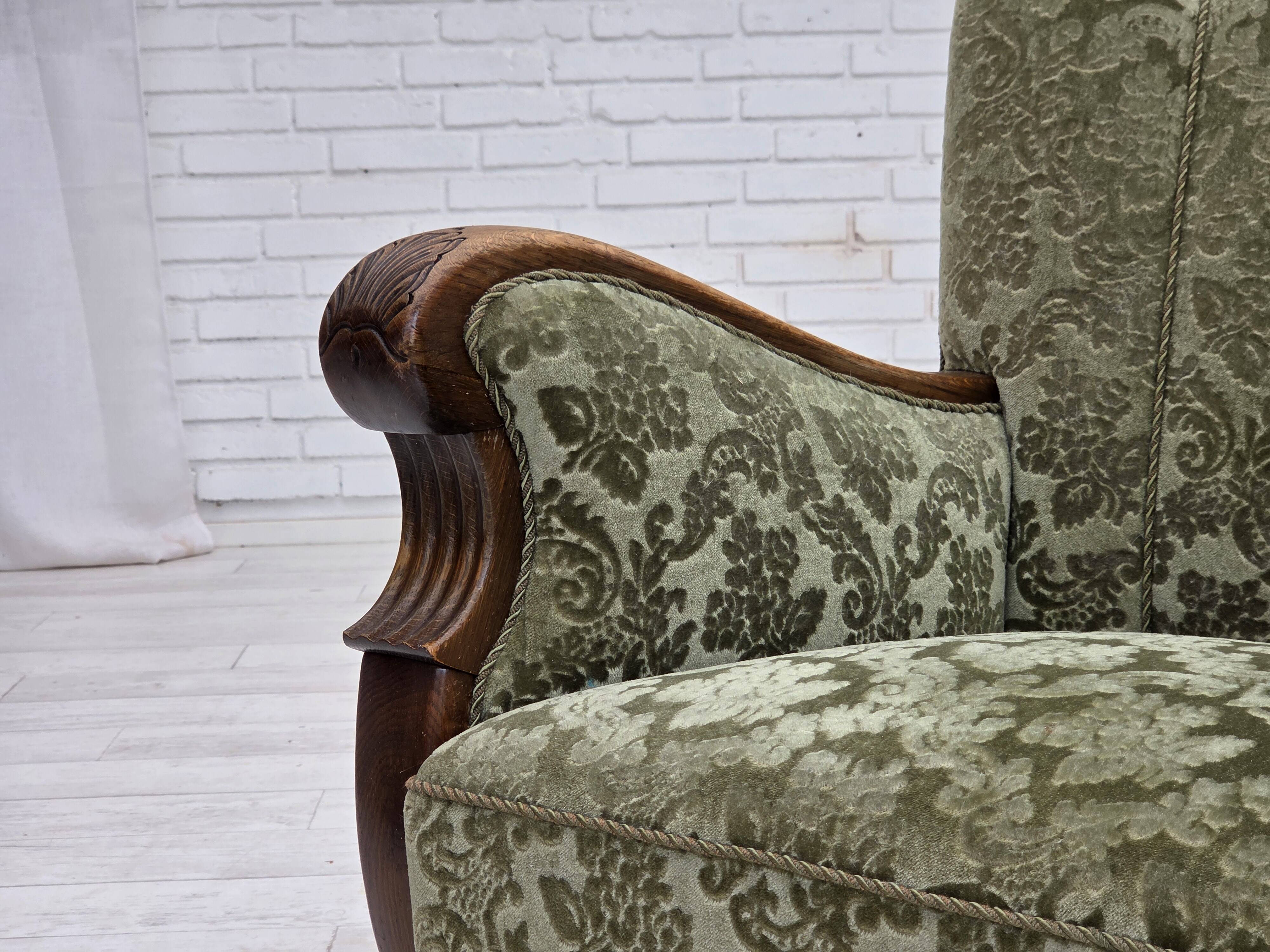 1960s, Danish armchair, green furniture velour, solid oak wood.