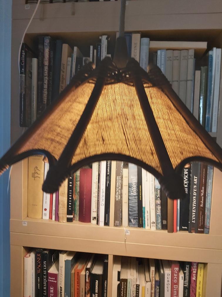 Scandinavian rattan hanging lamp, wood and vintage fabric