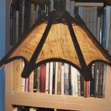 Scandinavian rattan hanging lamp, wood and vintage fabric