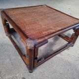 Vintage square rattan coffee table 1970