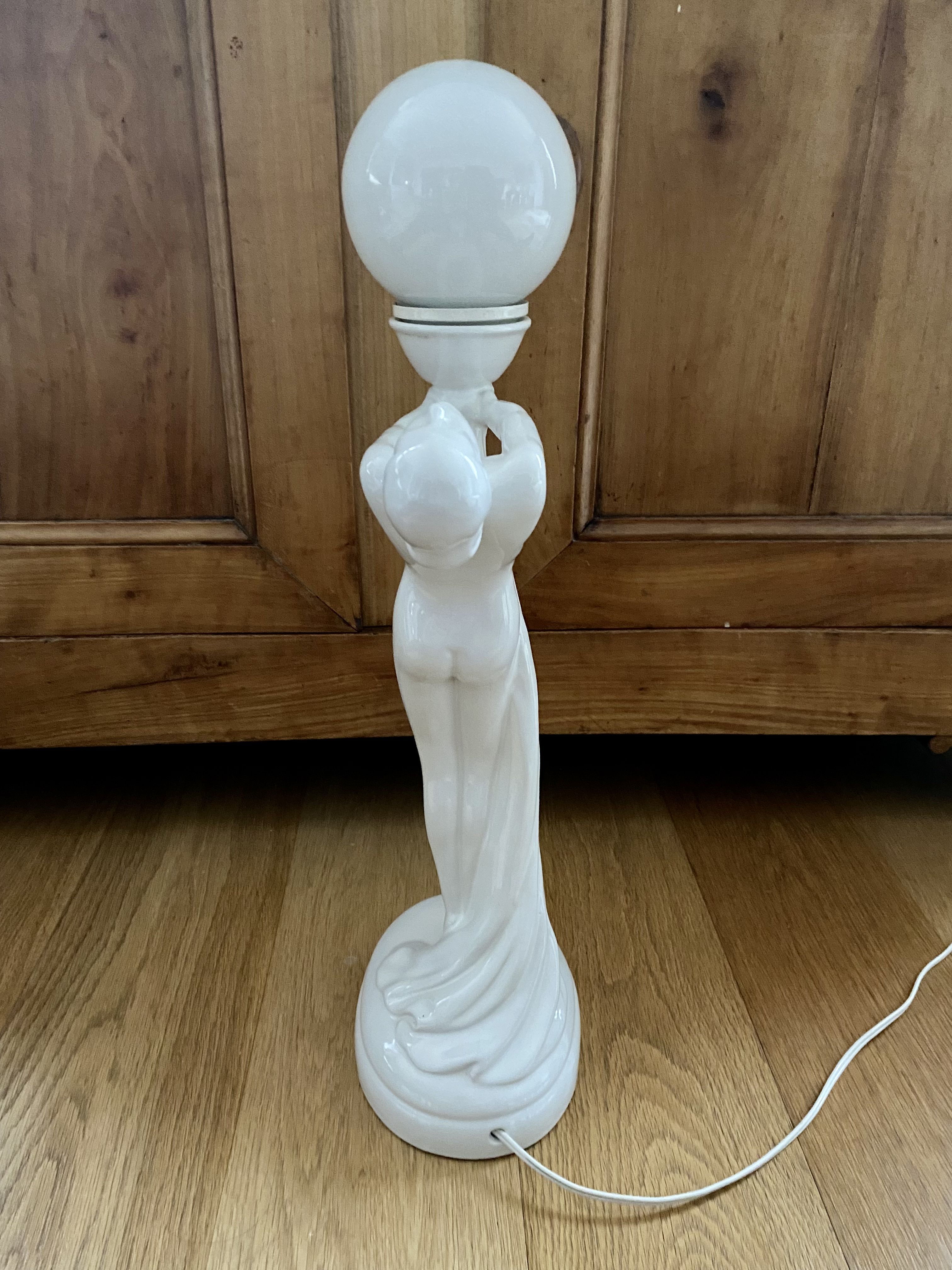 White ceramic lamp and opaline globe woman art deco art nouveau