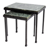 Green nesting coffee table with marble top and iron frame