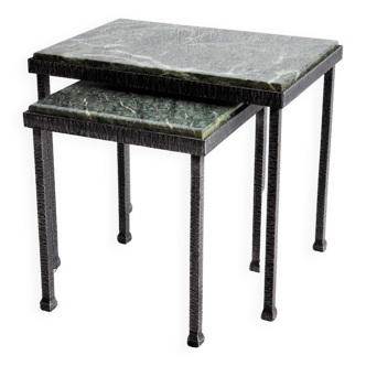 Green nesting coffee table with marble top and iron frame