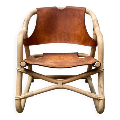 Chaise de salon safari en bambou et cuir danois du milieu du siècle, années 1960