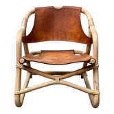 Chaise de salon safari en bambou et cuir danois du milieu du siècle, années 1960