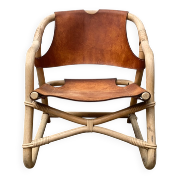 Chaise de salon safari en bambou et cuir danois du milieu du siècle, années 1960