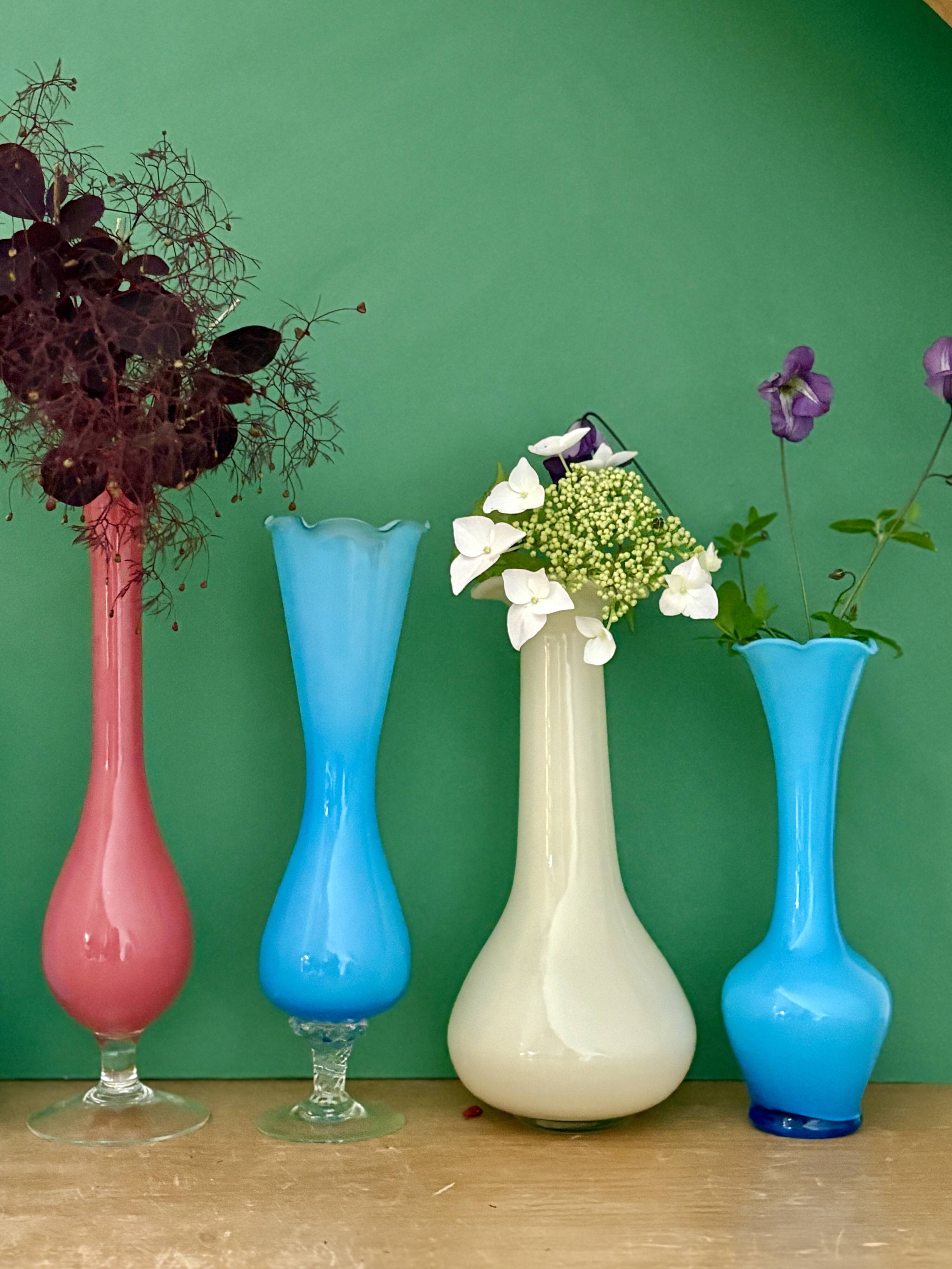 Set of 7 vintage opaline vases/soliflores.