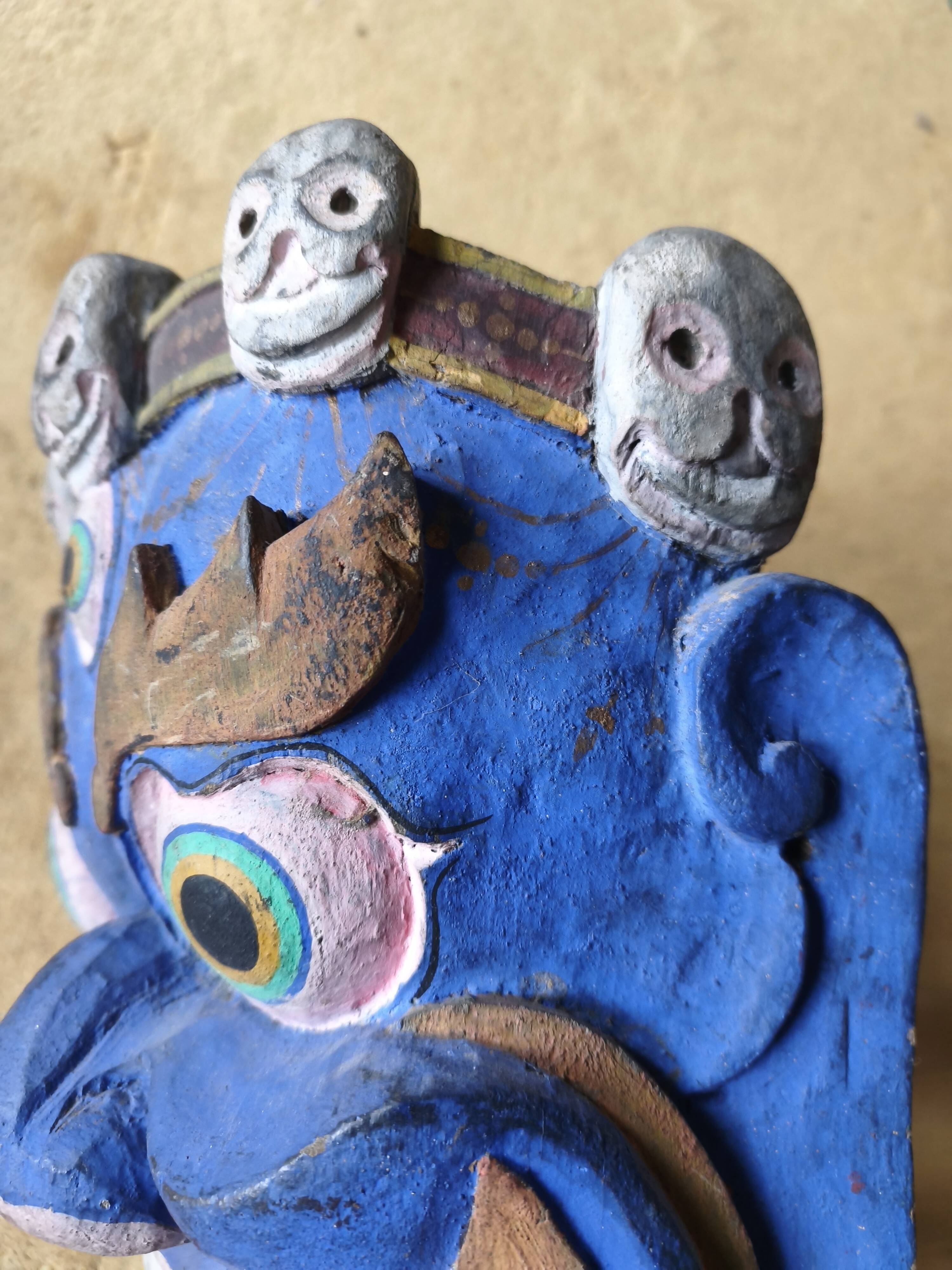 Ancient Balinese mask in polychrome carved wood – protective figure of the t