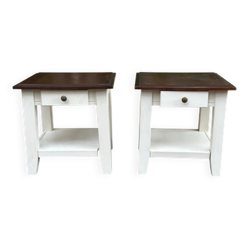 2 tables de chevet farmhouse blanc et bois massif 1990