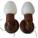 Set of wall lamp wooden support and vintage white opaline globe