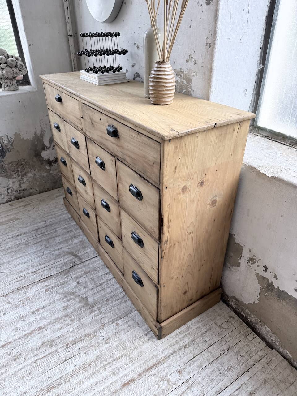 1950s pine workshop cabinet with drawers