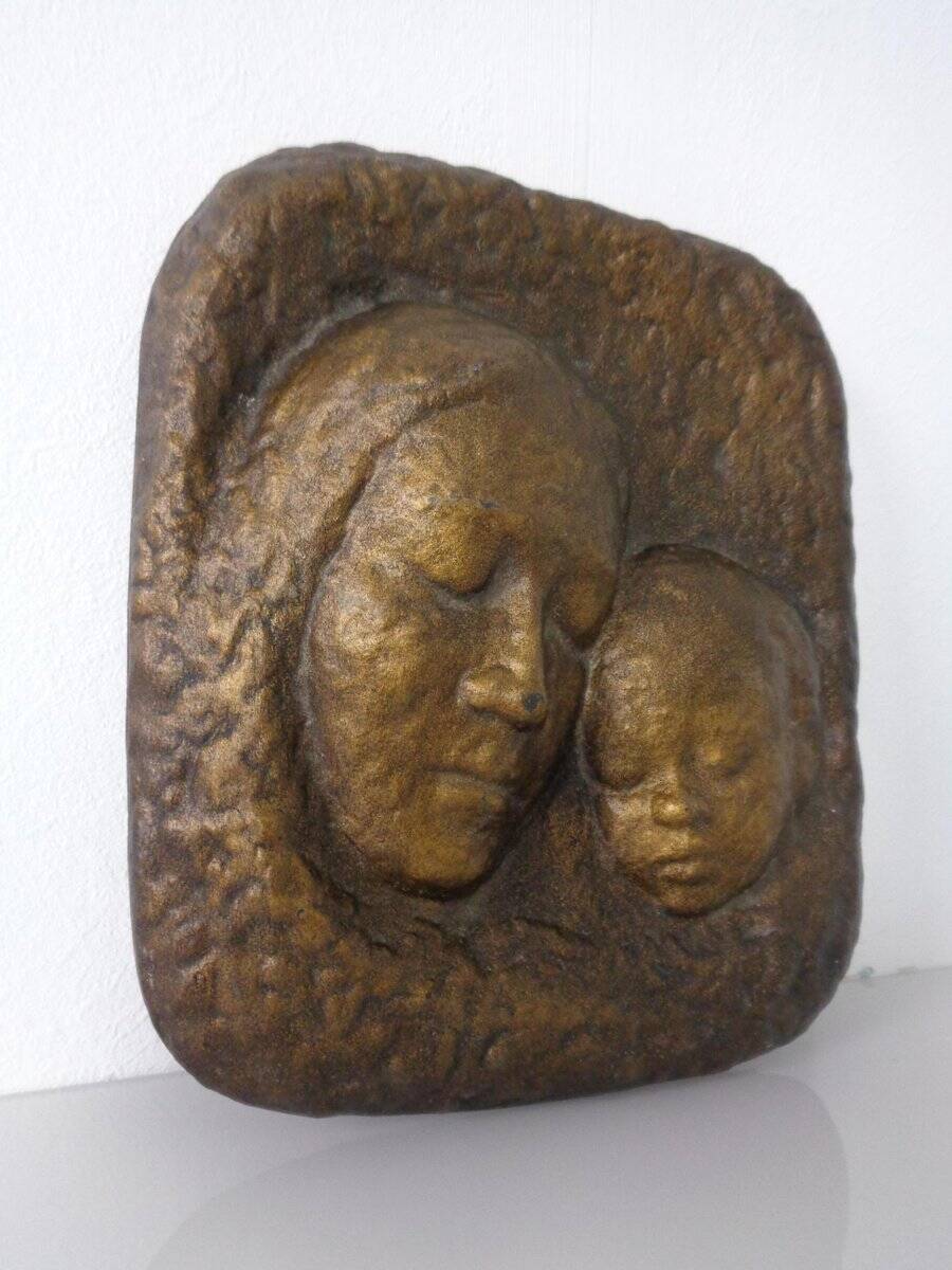 German bronze relief of mother with baby, 1940s.