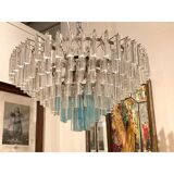 Contemporary transparent and ligh-blue triedro murano glass chandelier