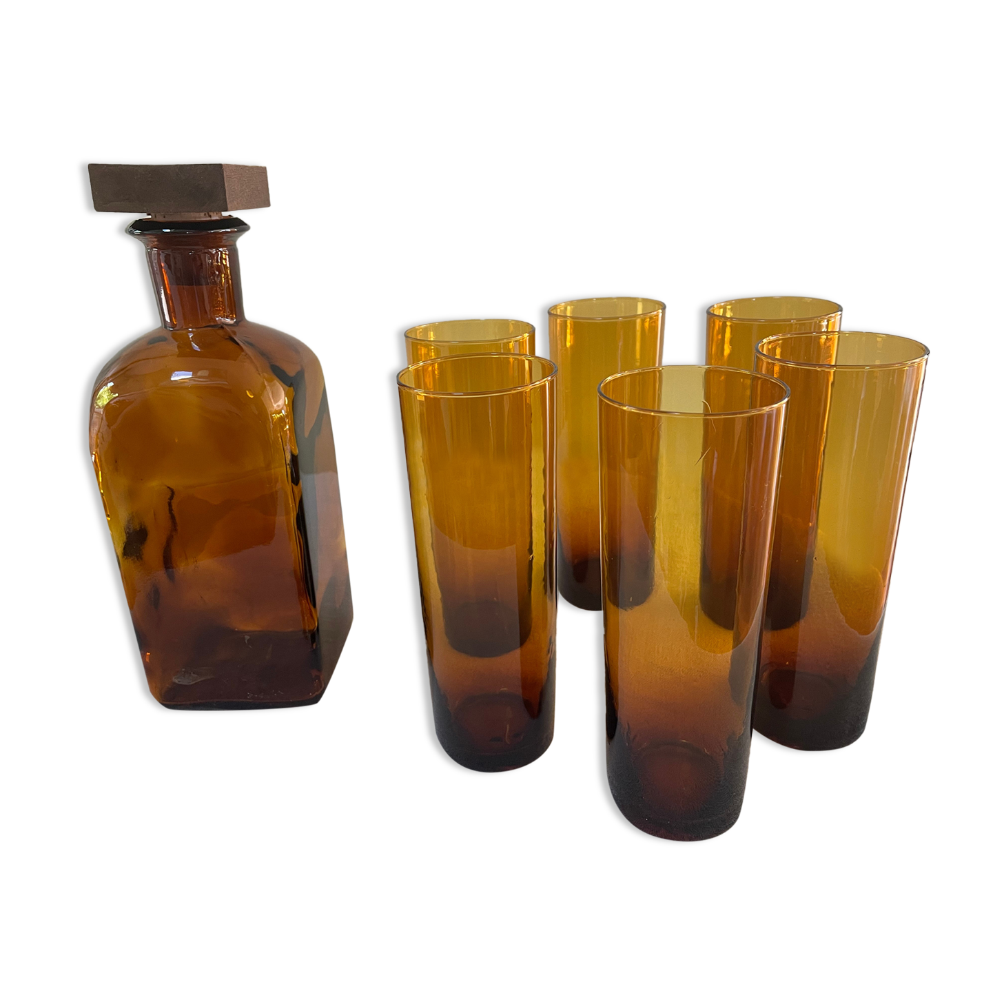 Decanter service and 6 amber glasses