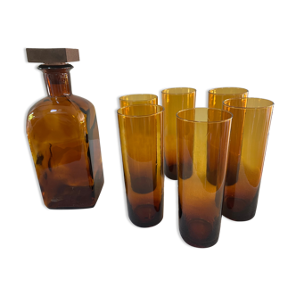 Decanter service and 6 amber glasses