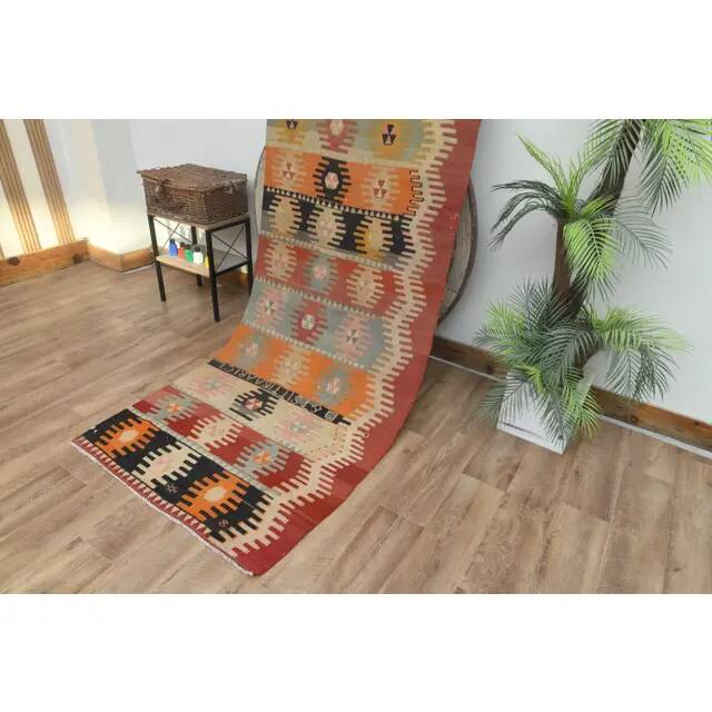 1970s Vintage Turkish Handmade Wool Cotton Orange Kilim Rug 97x295