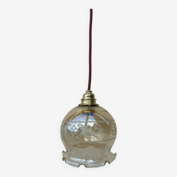 Suspension globe volanté ambré, motif givré, Mid century