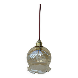 Suspension globe volanté ambré, motif givré, Mid century